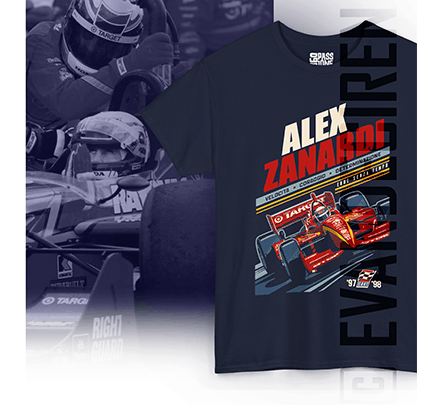 Alex Zanardi | Timeless Hero – illustrated vintage CART racing T-shirt featuring Alex Zanardi's iconic red Reynard race car, motorsport artwork by evandeciren.ch