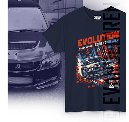 Mitsubishi Lancer Evolution T-shirt displayed with rally car background by evandeciren.ch