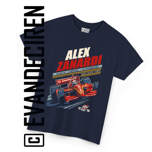 Alex Zanardi | Timeless Hero premium vintage motorsport T-shirt mockup featuring CART racing illustration by evandeciren.ch