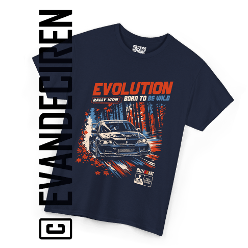 Mitsubishi Lancer Evolution T-shirt with illustrated rally car artwork by evandeciren.ch