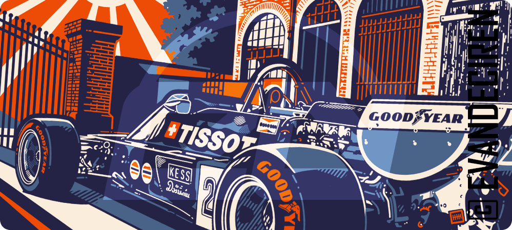N177 Tissot Ensign Formula Classic racing car 1970s motorsport illustration by evandeciren.ch