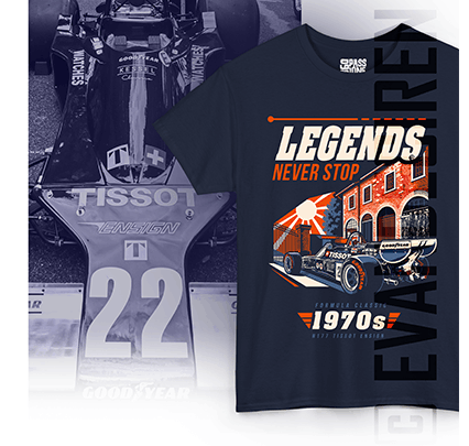 Legends Never Stop N177 Tissot Ensign Formula Classic 1970s racing T-shirt artwork by evandeciren.ch
