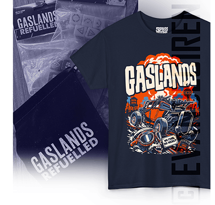 Gaslands No Mercy No Fuel T-shirt and packaging with post-apocalyptic artwork by evandeciren.ch