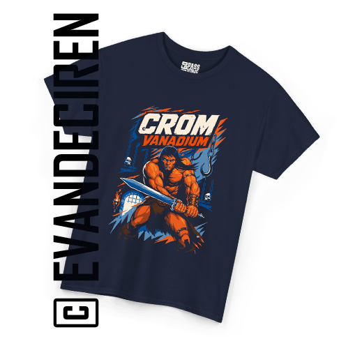CROM Vanadium Barbarian Warrior T-Shirt with Sword & Sorcery fantasy comic art by evandeciren.ch