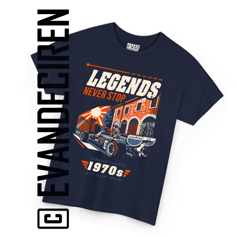 N177 Tissot Ensign Formula Classic 1970s racing legend illustrated T-shirt by evandeciren.ch