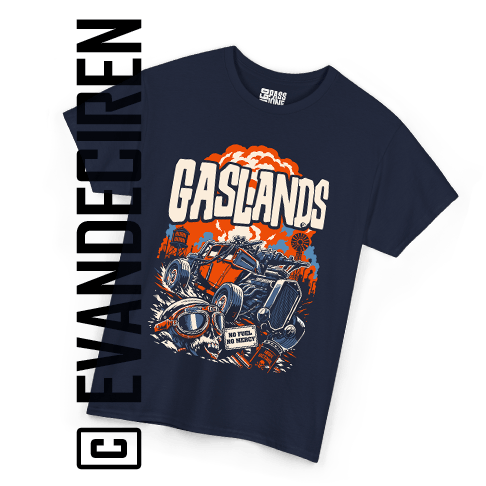 Gaslands No Mercy No Fuel post-apocalyptic vehicular combat T-shirt illustrated by evandeciren.ch