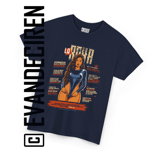 T-Shirt blu navy La ROYA Curve Pericolose con illustrazione pin-up erotica vintage