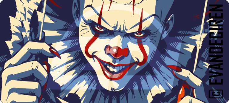 Close-up of Pennywise horror clown comic art with sinister smile, red makeup and ruffled collar