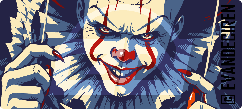Close-up of Pennywise horror clown comic art with sinister smile, red makeup and ruffled collar