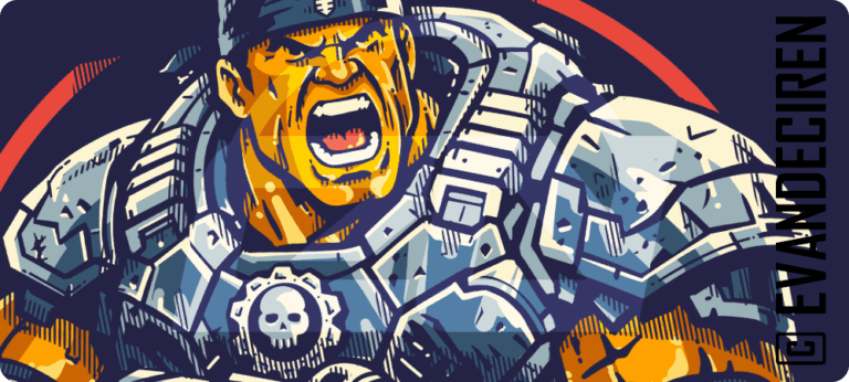 Detailed comic-style artwork of Marcus Fenix in battle armor, with orange lighting and a red circular background accent.