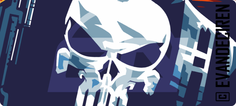 Promotional composition highlighting Frank Castle's skull-emblem comic illustration and The Punisher graphic T-shirt design.