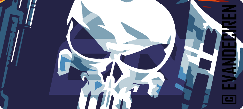 Promotional composition highlighting Frank Castle's skull-emblem comic illustration and The Punisher graphic T-shirt design.
