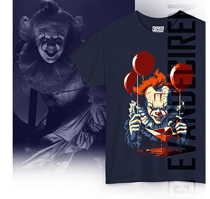 Pennywise navy blue graphic T-shirt displayed beside a monochrome horror clown illustration