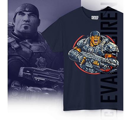 Navy blue Marcus Fenix T-shirt featuring a dramatic Gears of War E-Day comic-style illustration.