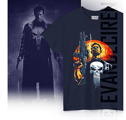 The Punisher Frank Castle comic-style cover artwork with the iconic white skull, dramatic shadows and bold orange and blue tones.