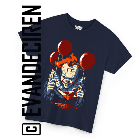 Pennywise T-Shirt in navy blue featuring IT horror clown artwork with red balloons