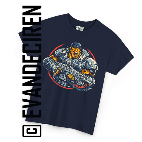 Front view of a navy blue Marcus Fenix graphic T-shirt with armored character artwork in orange, blue, and red tones.