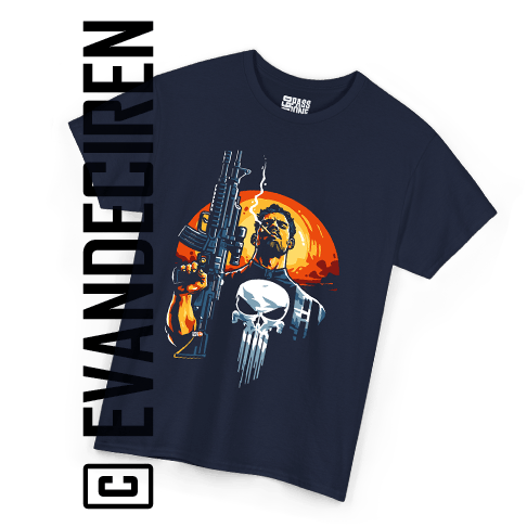 Navy blue The Punisher T-shirt featuring Frank Castle with a white skull emblem and dramatic orange and blue comic artwork.